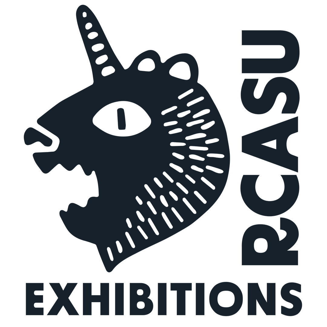 RCASU logo, a merging of a lion and unicorn. A Lion with a unicorns horn. Text reads: RCASU Exhibitions